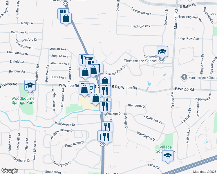 map of restaurants, bars, coffee shops, grocery stores, and more near 180 East Whipp Road in Montgomery County