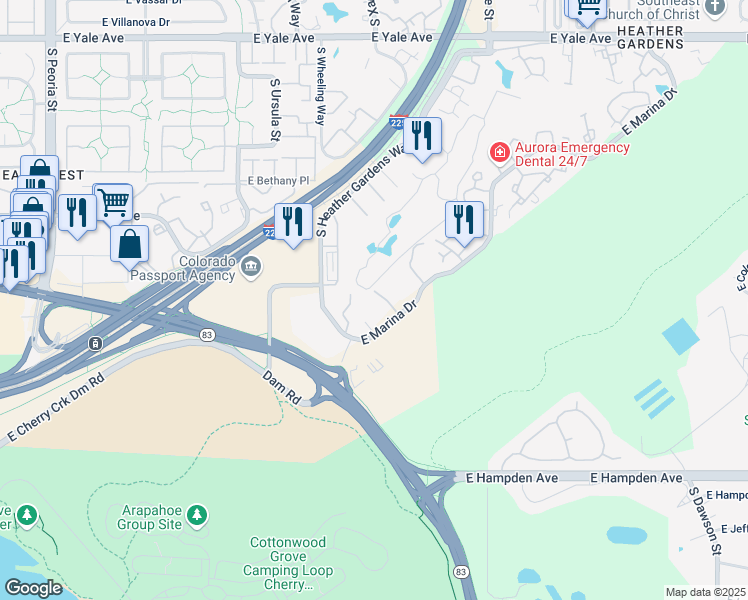 map of restaurants, bars, coffee shops, grocery stores, and more near 13601 East Marina Drive in Aurora