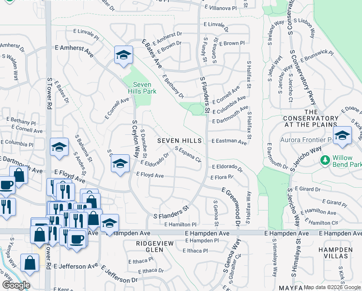 map of restaurants, bars, coffee shops, grocery stores, and more near 3234 South Espana Circle in Aurora