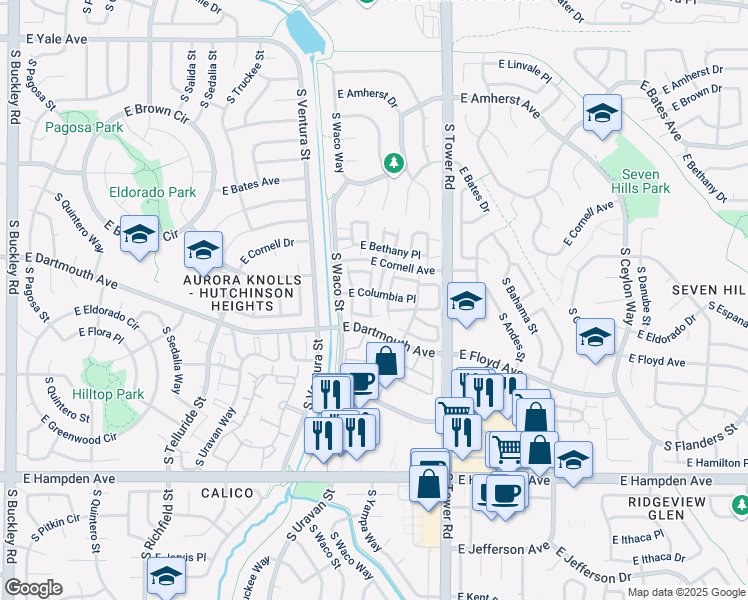 map of restaurants, bars, coffee shops, grocery stores, and more near 3063 South Yampa Way in Aurora