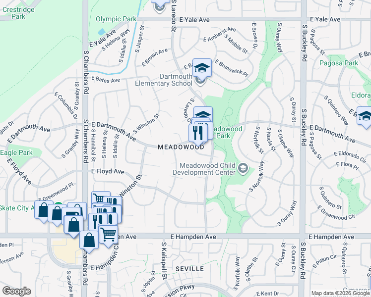 map of restaurants, bars, coffee shops, grocery stores, and more near 3112 South Kalispell Street in Aurora