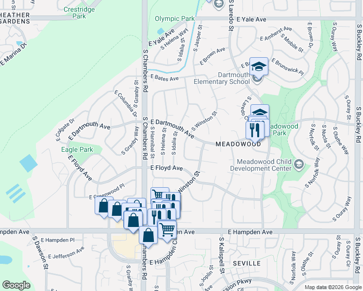 map of restaurants, bars, coffee shops, grocery stores, and more near 15650 East Eldorado Drive in Aurora