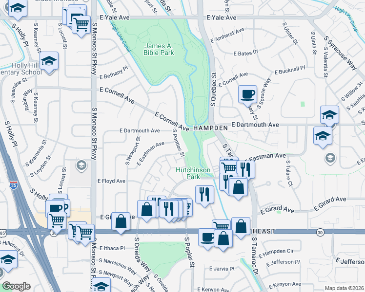 map of restaurants, bars, coffee shops, grocery stores, and more near 3215 South Pontiac Street in Denver