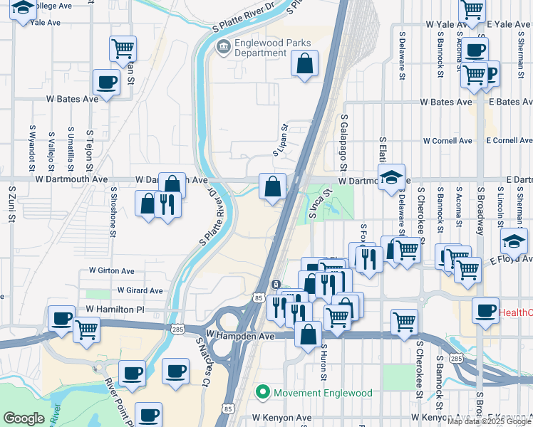 map of restaurants, bars, coffee shops, grocery stores, and more near 3237 South Santa Fe Drive in Englewood