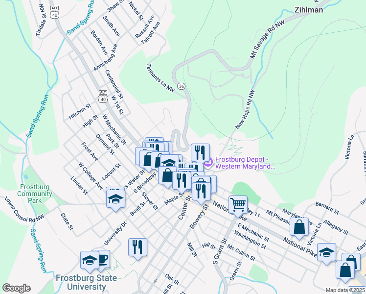 map of restaurants, bars, coffee shops, grocery stores, and more near 66 North Water Street in Frostburg