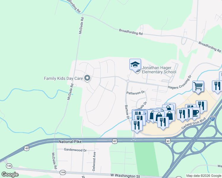 map of restaurants, bars, coffee shops, grocery stores, and more near 12455 Fallen Timbers Circle in Hagerstown