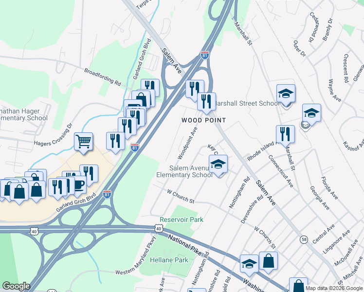 map of restaurants, bars, coffee shops, grocery stores, and more near 343 Woodpoint Avenue in Hagerstown