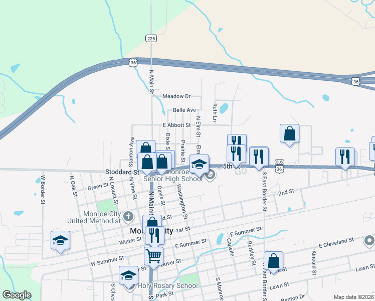 map of restaurants, bars, coffee shops, grocery stores, and more near 312 5th Street in Monroe City