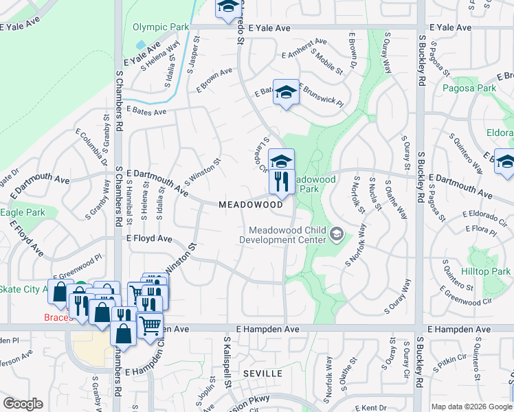 map of restaurants, bars, coffee shops, grocery stores, and more near 3112 South Kalispell Street in Aurora