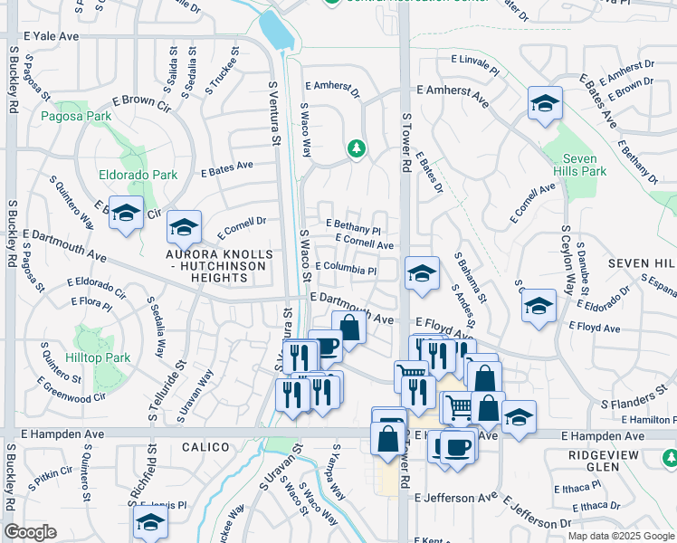 map of restaurants, bars, coffee shops, grocery stores, and more near 3063 South Yampa Way in Aurora
