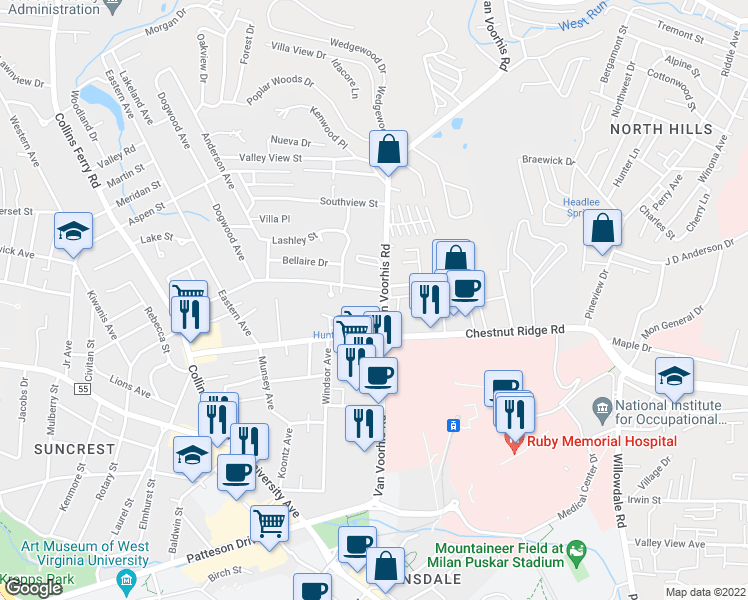 map of restaurants, bars, coffee shops, grocery stores, and more near 1197 Van Voorhis Road in Morgantown