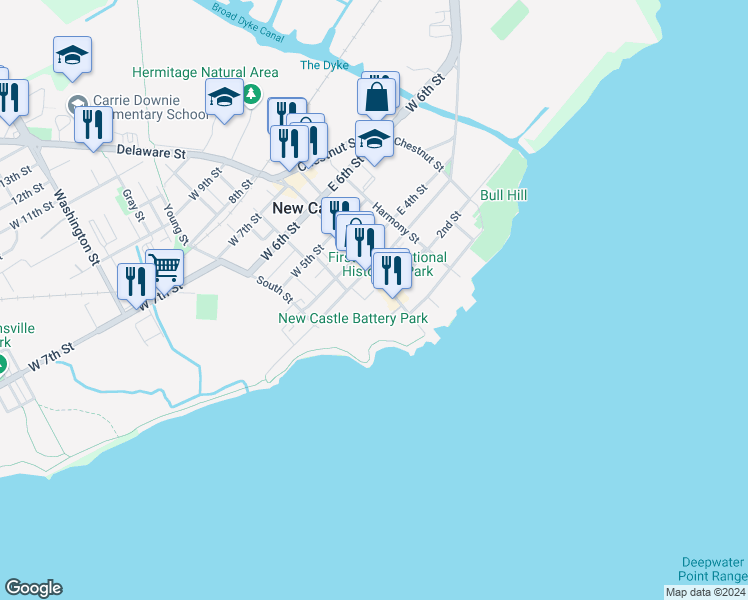 map of restaurants, bars, coffee shops, grocery stores, and more near 14 Dalby Court in New Castle