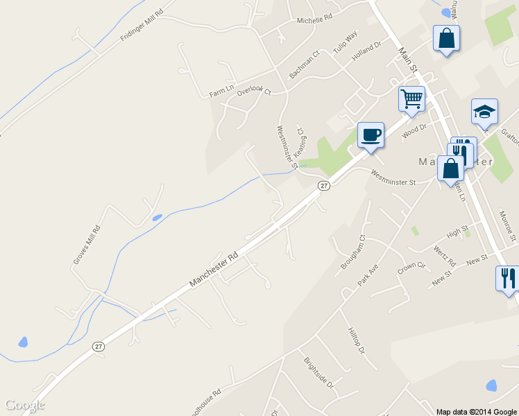 map of restaurants, bars, coffee shops, grocery stores, and more near 2806 Manchester Road in Westminster