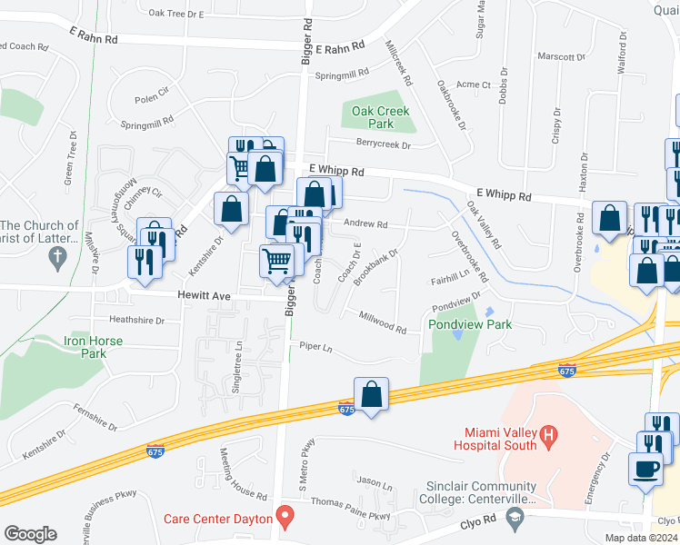 map of restaurants, bars, coffee shops, grocery stores, and more near 5665 Coach Drive East in Kettering