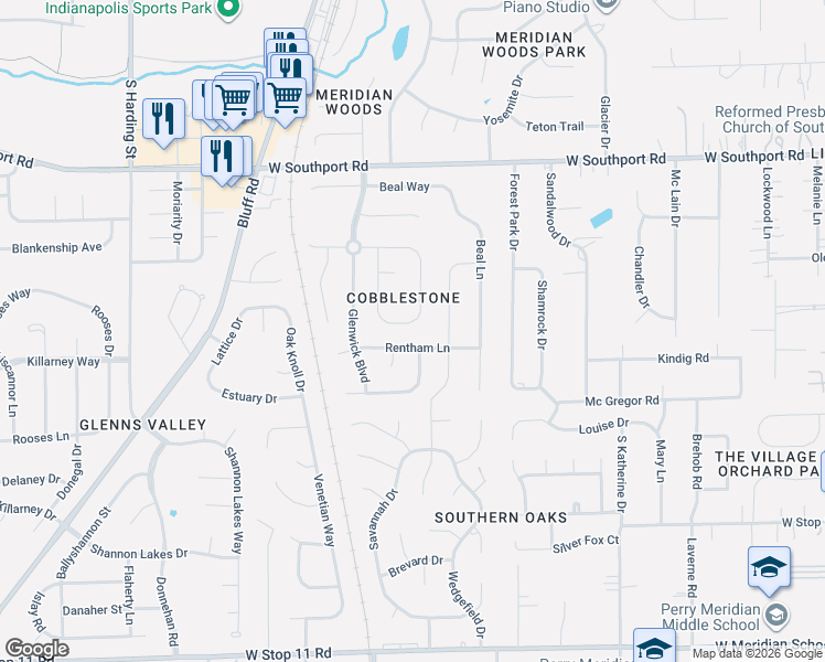 map of restaurants, bars, coffee shops, grocery stores, and more near 7405 Oak Mill Court in Indianapolis