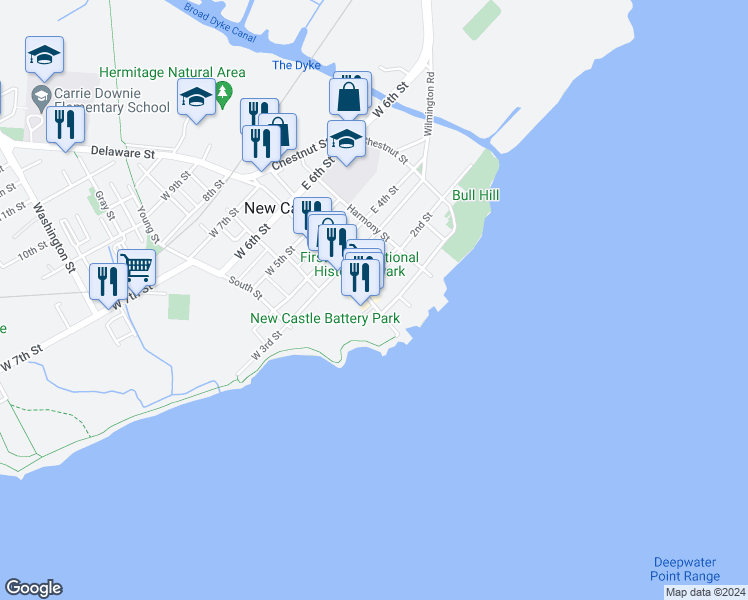 map of restaurants, bars, coffee shops, grocery stores, and more near 115 Delaware Street in New Castle