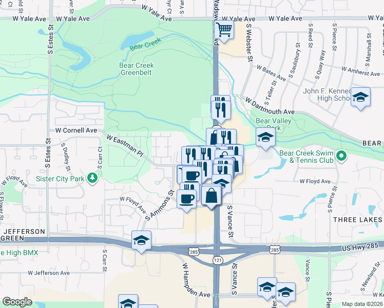 map of restaurants, bars, coffee shops, grocery stores, and more near 8035 West Eastman Place in Lakewood