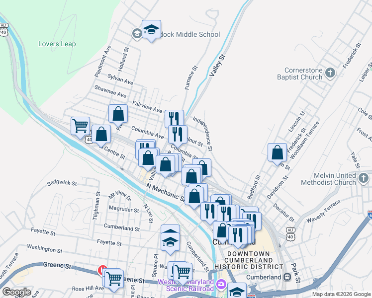 map of restaurants, bars, coffee shops, grocery stores, and more near 416 Columbia Street in Cumberland