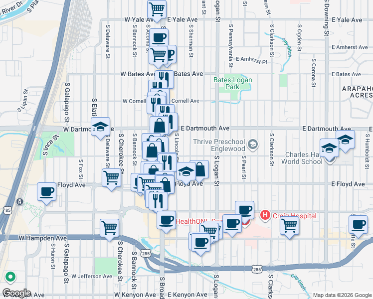map of restaurants, bars, coffee shops, grocery stores, and more near 3173 S Sherman St in Englewood