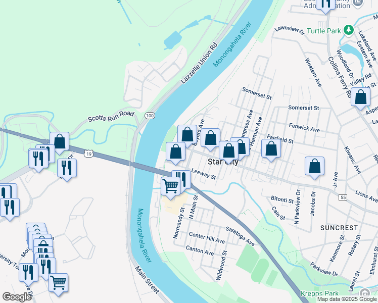 map of restaurants, bars, coffee shops, grocery stores, and more near 3519 University Avenue in Morgantown