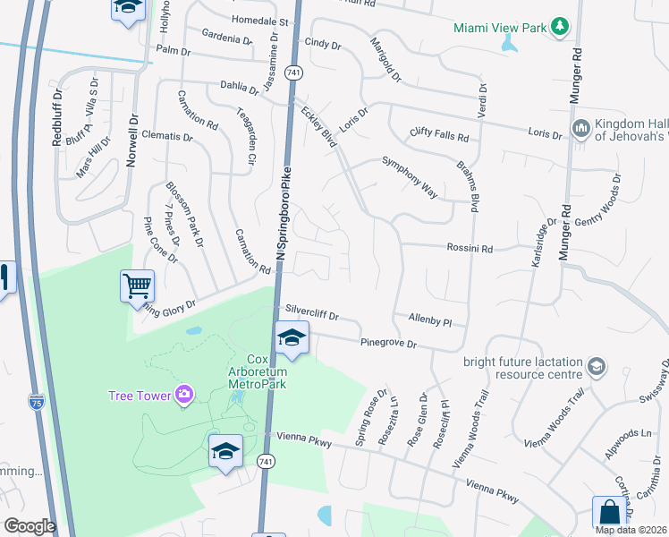 map of restaurants, bars, coffee shops, grocery stores, and more near 2915 Spring Falls Drive in Dayton