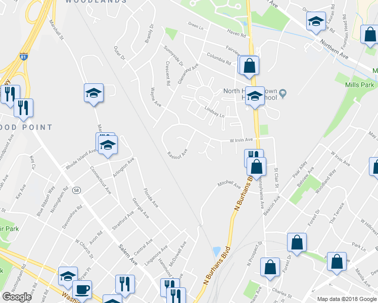 map of restaurants, bars, coffee shops, grocery stores, and more near 1040 Kasinof Avenue in Hagerstown