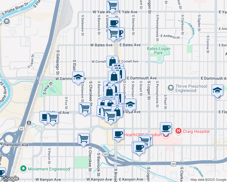 map of restaurants, bars, coffee shops, grocery stores, and more near 321 West Eastman Avenue in Englewood