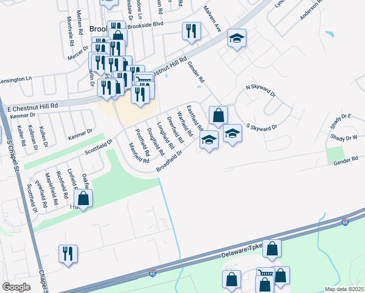 map of restaurants, bars, coffee shops, grocery stores, and more near 865 Broadfield Drive in Newark
