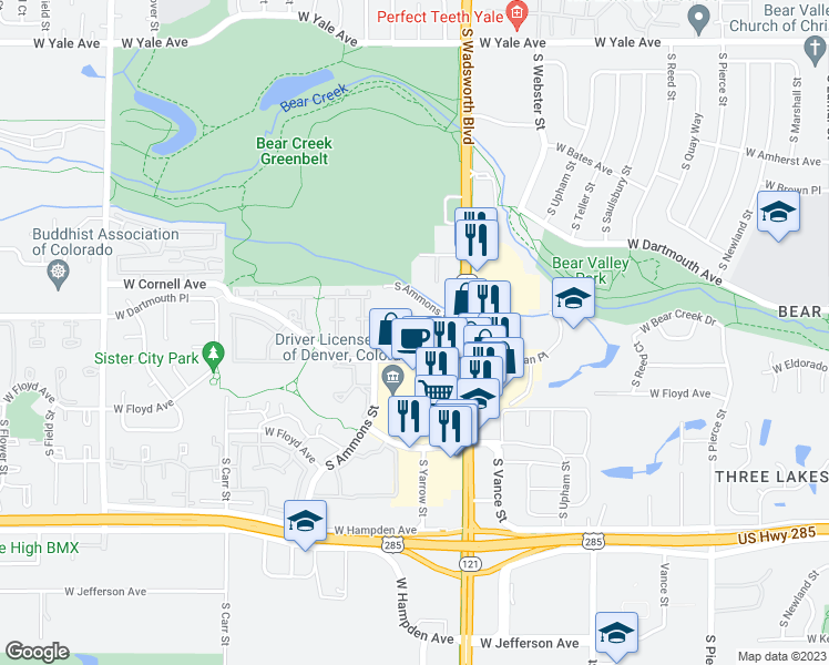map of restaurants, bars, coffee shops, grocery stores, and more near 8035 West Eastman Place in Lakewood