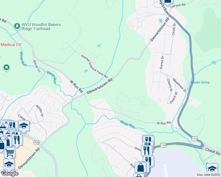 map of restaurants, bars, coffee shops, grocery stores, and more near 1440 Stewartstown Road in Morgantown
