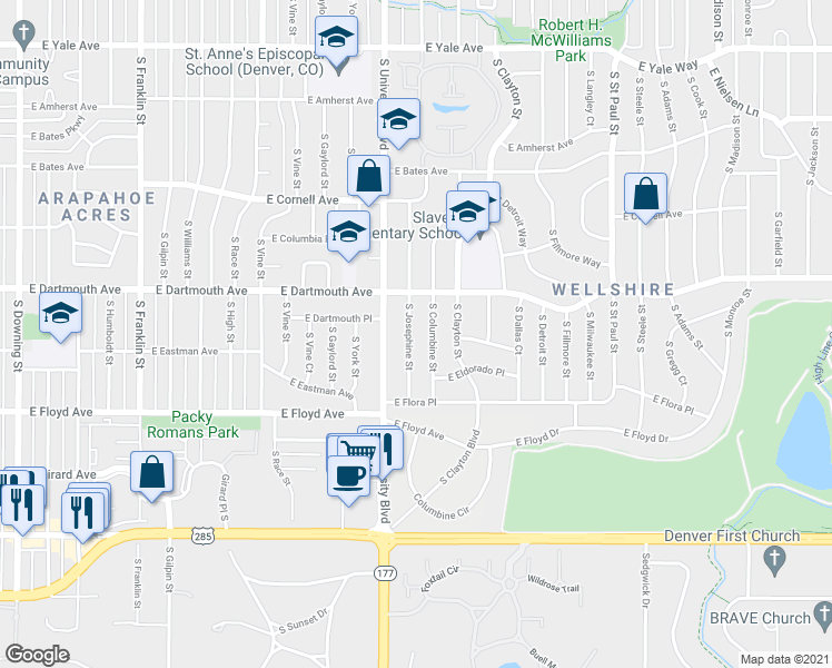 map of restaurants, bars, coffee shops, grocery stores, and more near 3202 South Josephine Street in Denver