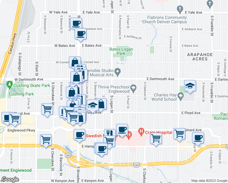 map of restaurants, bars, coffee shops, grocery stores, and more near 3201 South Pennsylvania Street in Englewood
