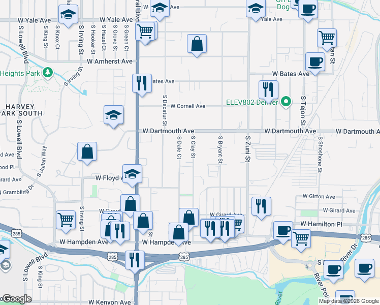 map of restaurants, bars, coffee shops, grocery stores, and more near 3195 South Clay Street in Englewood