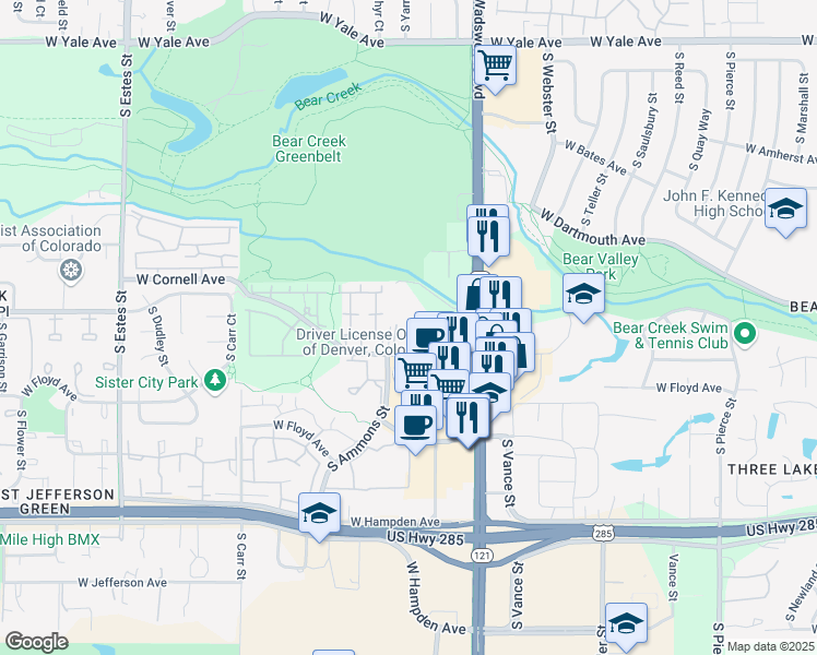 map of restaurants, bars, coffee shops, grocery stores, and more near 8045 West Eastman Place in Lakewood