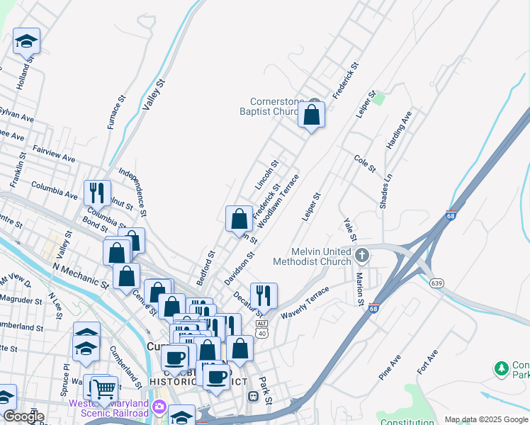 map of restaurants, bars, coffee shops, grocery stores, and more near 416 Woodlawn Terrace in Cumberland