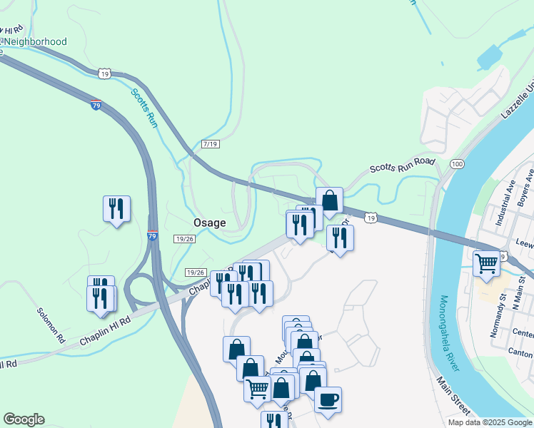 map of restaurants, bars, coffee shops, grocery stores, and more near 53 Lady Bug Lane in Osage