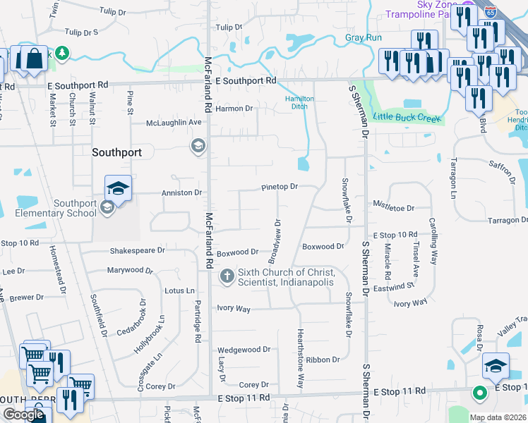 map of restaurants, bars, coffee shops, grocery stores, and more near 3336 Babette Court in Indianapolis