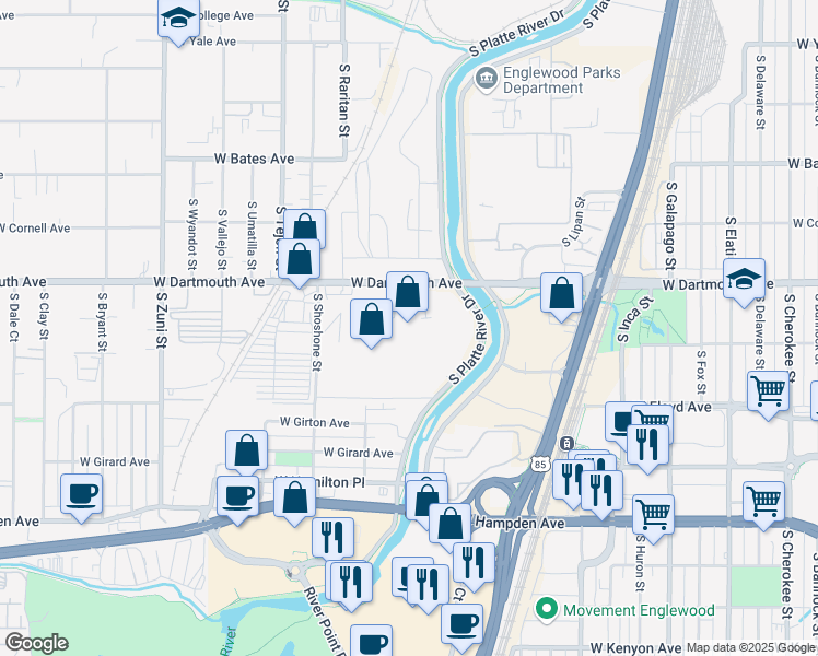 map of restaurants, bars, coffee shops, grocery stores, and more near 3101 South Platte River Drive in Englewood