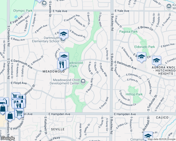 map of restaurants, bars, coffee shops, grocery stores, and more near 3160 South Mobile Way in Aurora