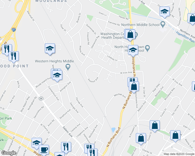 map of restaurants, bars, coffee shops, grocery stores, and more near 1041 Kasinof Avenue in Hagerstown
