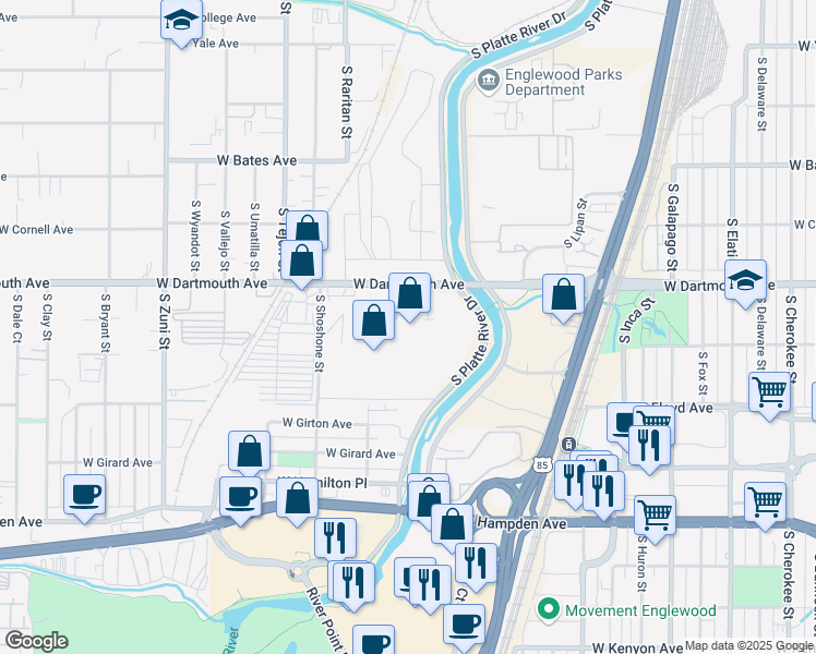 map of restaurants, bars, coffee shops, grocery stores, and more near 3101 S Platte River Dr in Englewood