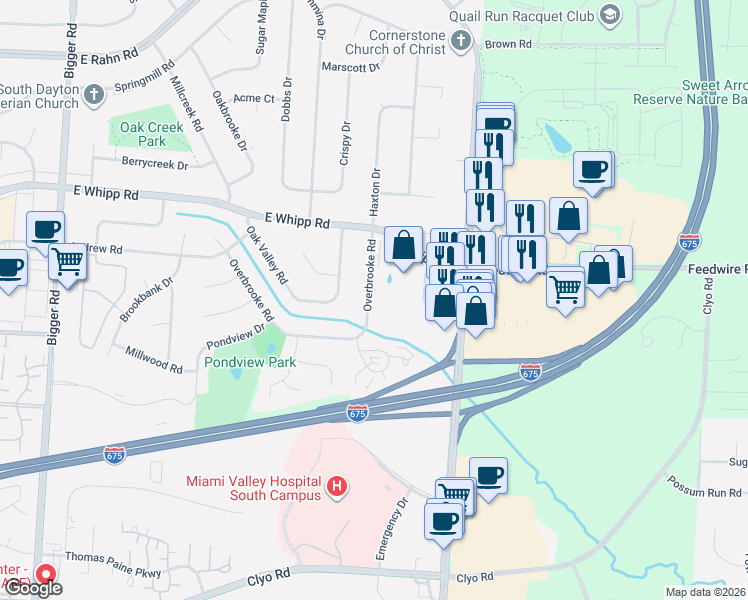 map of restaurants, bars, coffee shops, grocery stores, and more near 5831 Overbrooke Road in Dayton