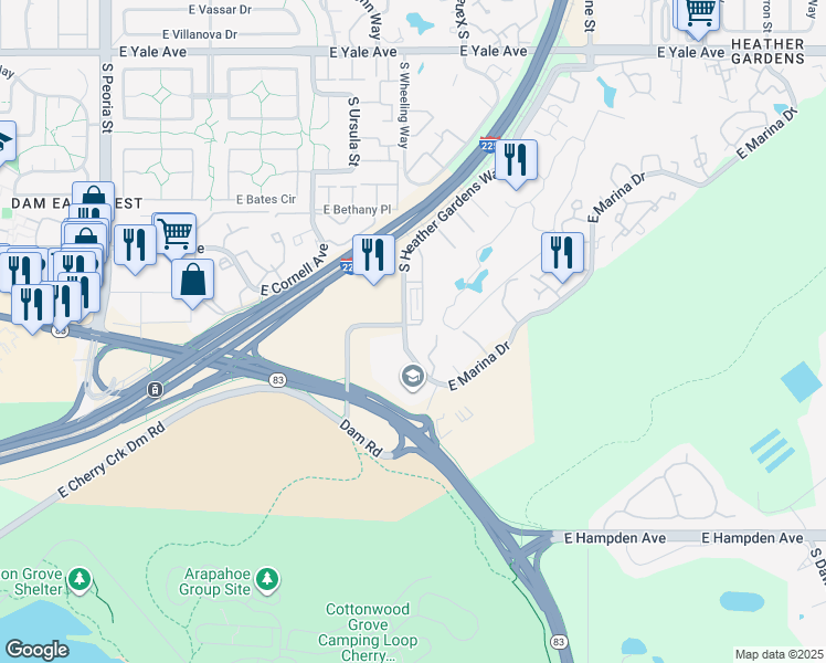 map of restaurants, bars, coffee shops, grocery stores, and more near 3206 South Heather Gardens Way in Aurora