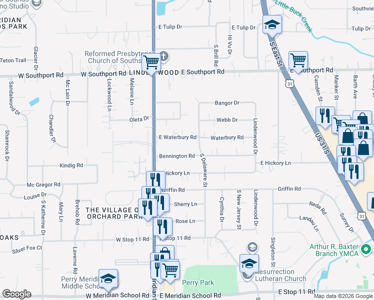 map of restaurants, bars, coffee shops, grocery stores, and more near 129 Bennington Road in Indianapolis