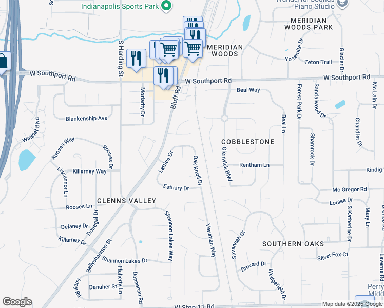 map of restaurants, bars, coffee shops, grocery stores, and more near 7340 Oak Knoll Drive in Indianapolis
