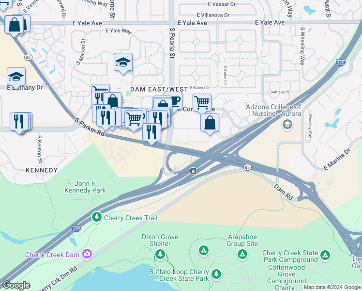 map of restaurants, bars, coffee shops, grocery stores, and more near 3165 South Quari Street in Aurora