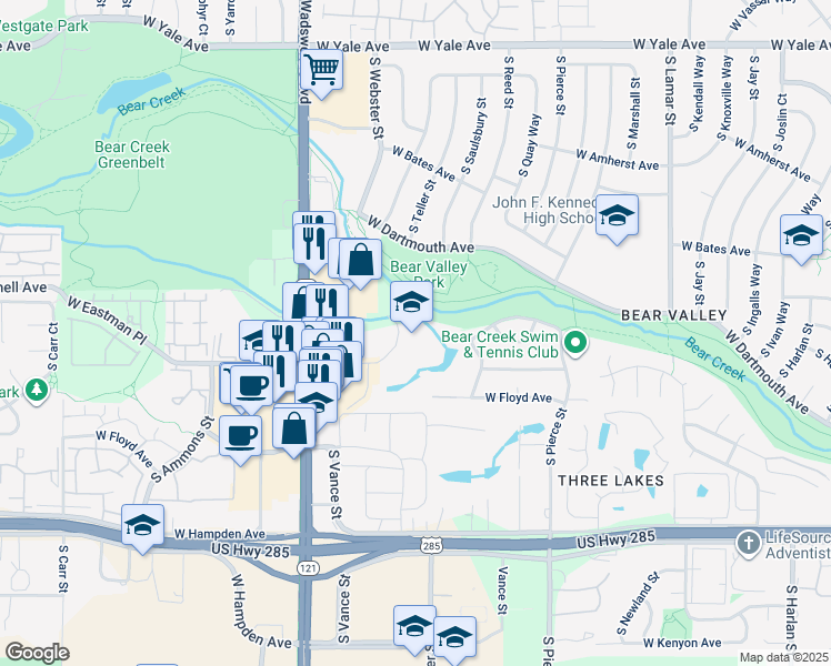 map of restaurants, bars, coffee shops, grocery stores, and more near 7350 West Eastman Place in Lakewood