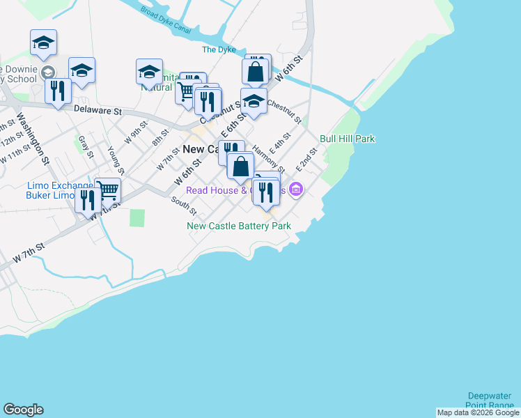 map of restaurants, bars, coffee shops, grocery stores, and more near 14 Dalby Court in New Castle