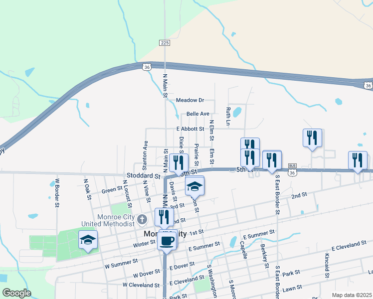 map of restaurants, bars, coffee shops, grocery stores, and more near 203 Lake Street in Monroe City