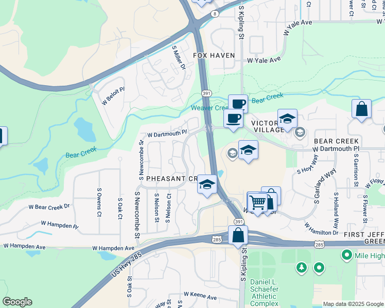 map of restaurants, bars, coffee shops, grocery stores, and more near 10438 West Dartmouth Avenue in Lakewood